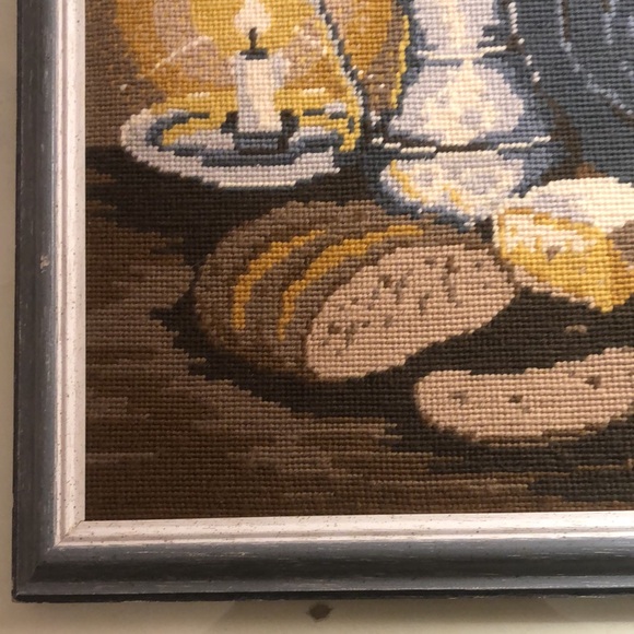 Tapestry Needlepoint still life/bread/cheese/lighted candle/peuter pitcher&plate - Picture 9 of 12